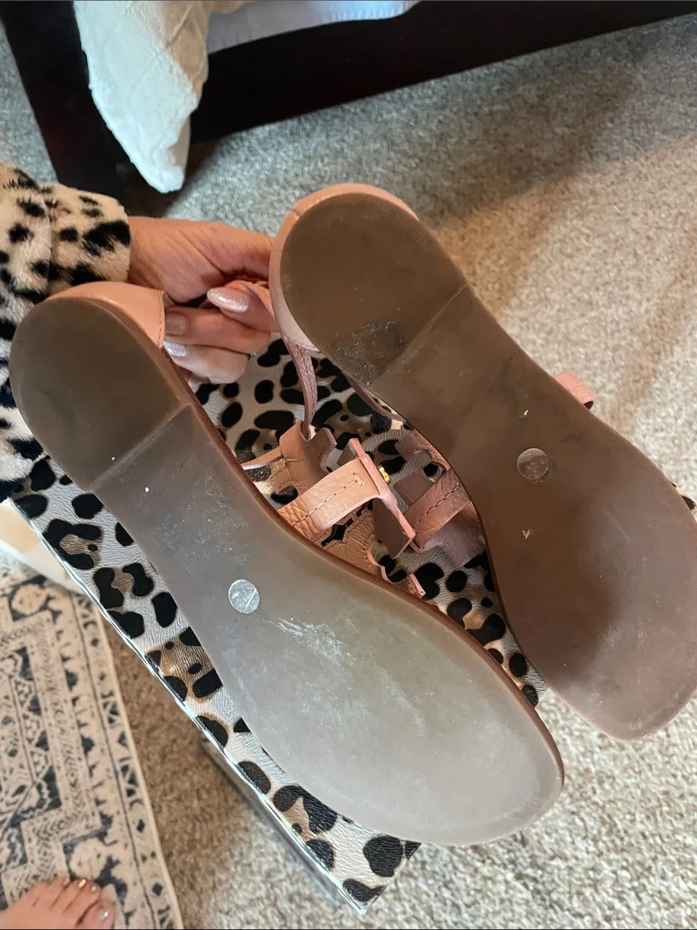Tory Burch Blush Pink Leather Logo Thong Sandals